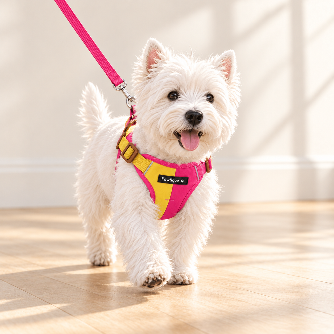 Yellow and pink ColorBlock harness worn by a dog with matching pink leash