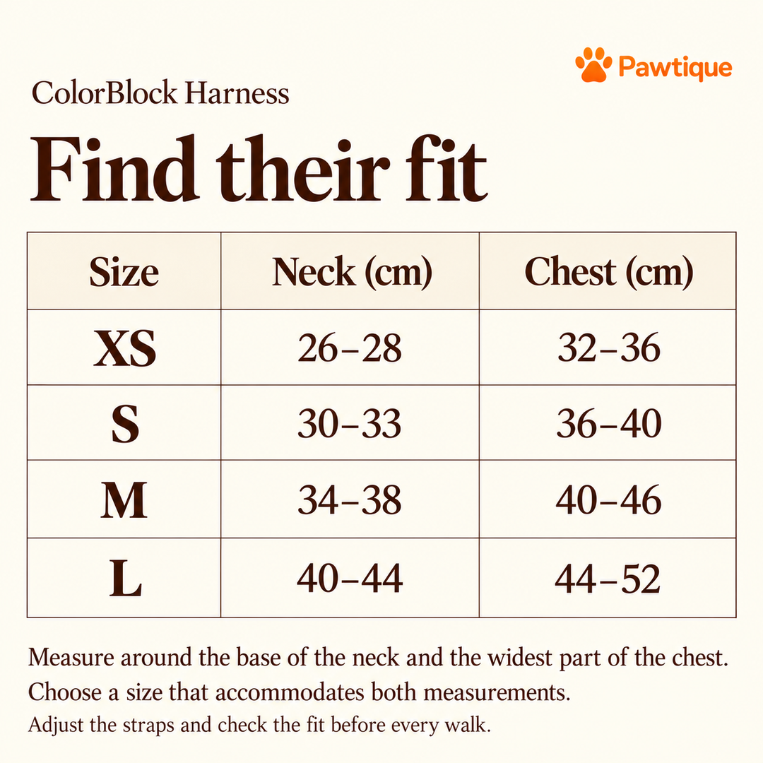 ColorBlock harness size guide with neck and chest ranges in centimeters