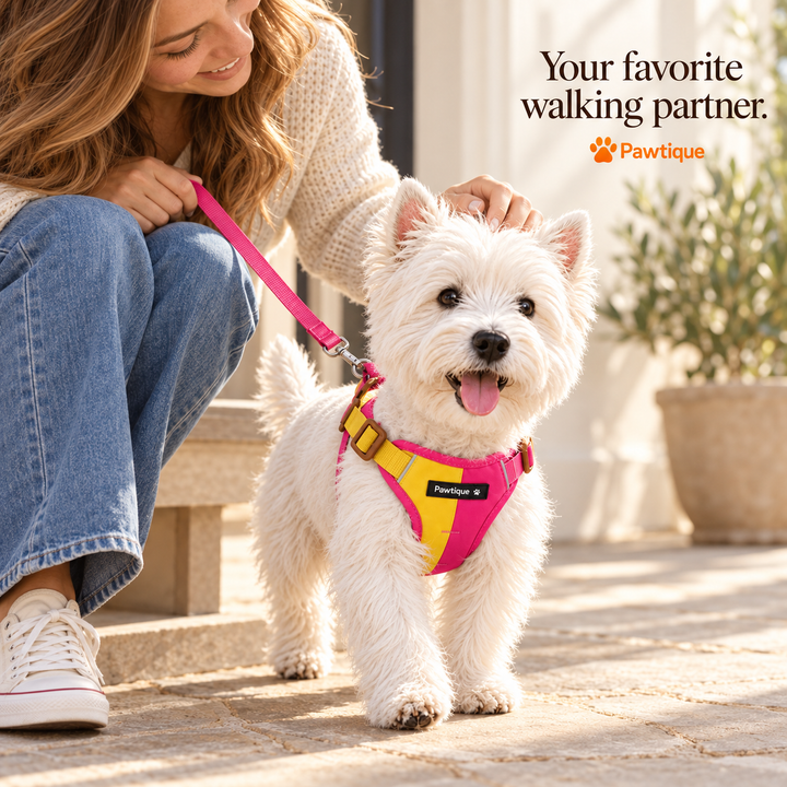 A dog and owner ready for a walk with yellow and pink ColorBlock harness
