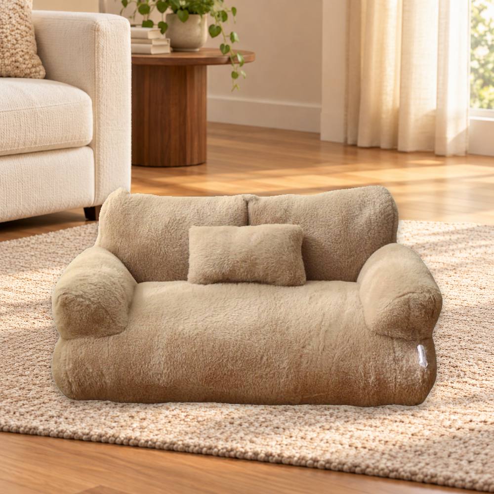 Brown Comfy Plush pet sofa with divided backrest, raised arms and matching loose pillow