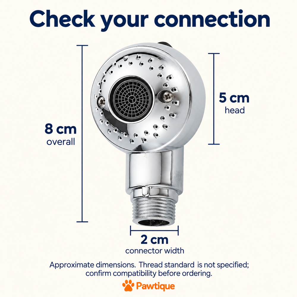 Shower attachment dimensions: 8 cm overall, 5 cm head, 2 cm connector width; confirm thread compatibility before ordering.