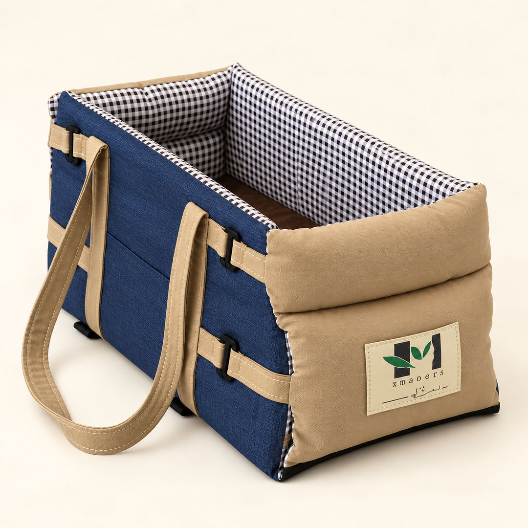 Pawtique Console Pet Seat &amp; Carry Bag in Blue with beige trim, checked lining and carry handle on cream background