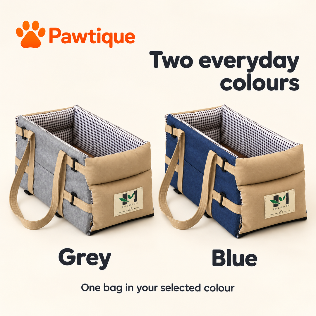 Grey and Blue console pet bags shown side by side; one bag is supplied in the selected color