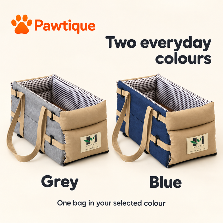 Grey and Blue console pet bags shown side by side; one bag is supplied in the selected color