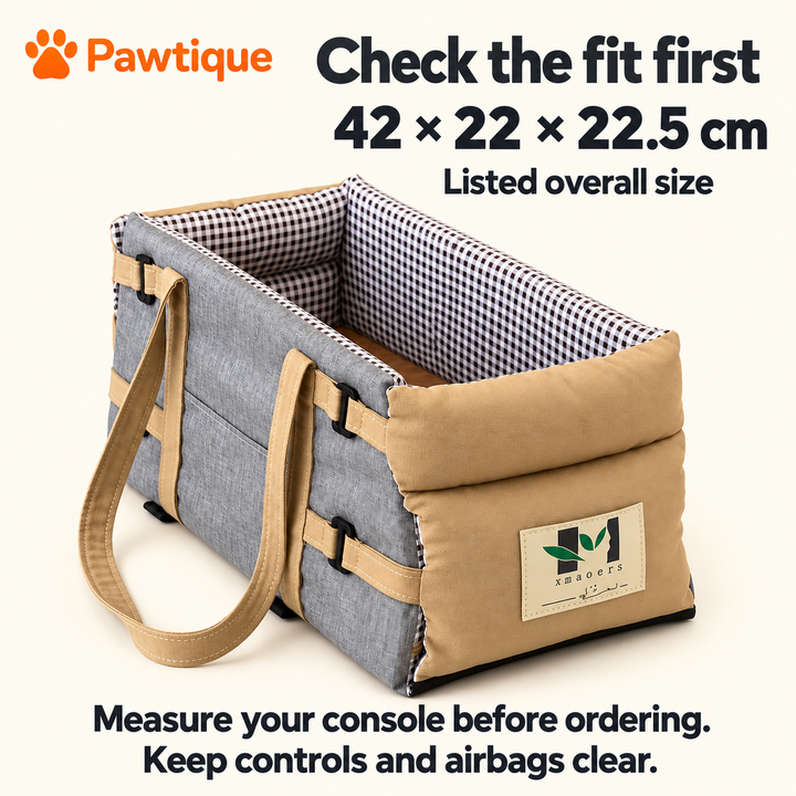 Console pet bag fit guide listing overall size 42 × 22 × 22.5 cm and reminding buyers to measure console and keep controls and airbags clear