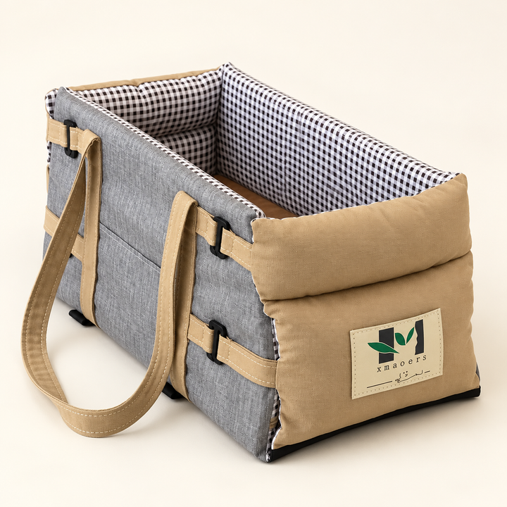 Pawtique Console Pet Seat &amp; Carry Bag in Grey with beige trim, checked lining and carry handle on cream background
