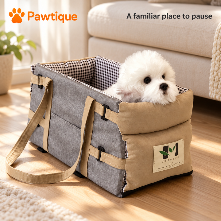 Small white dog resting in the Grey console pet bag on a living-room floor