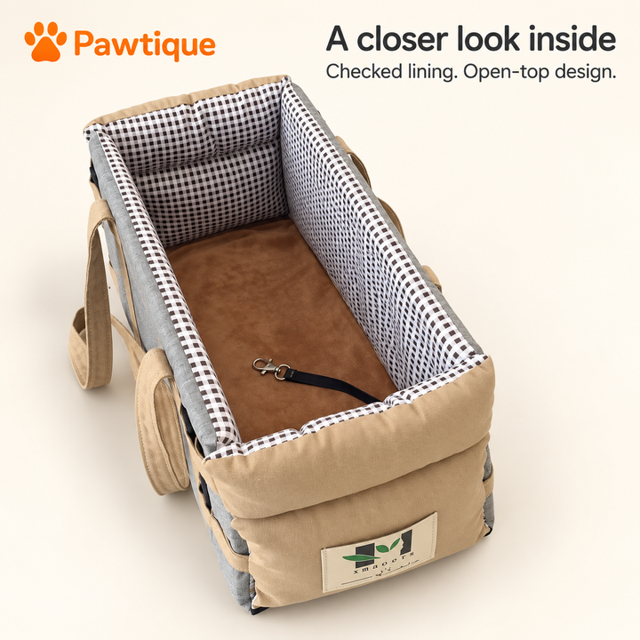 Grey console pet bag interior showing checked lining, brown base insert and existing harness tether