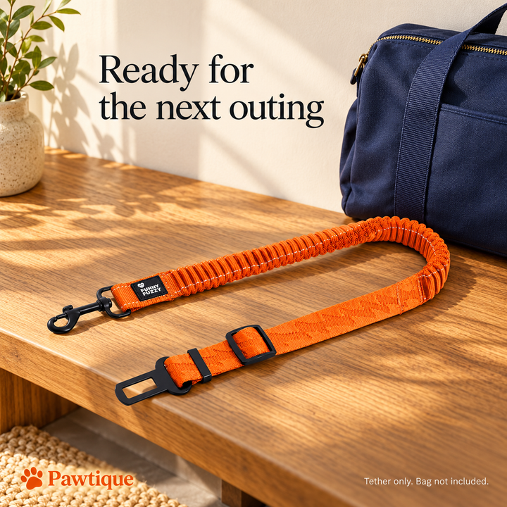 Orange CoolPaw tether on an entryway bench beside a bag, not included