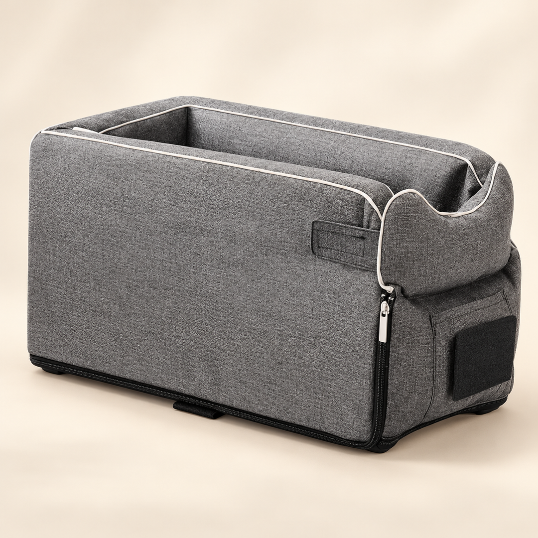 CoPilot Gray woven console pet seat with original black front patch and white piping