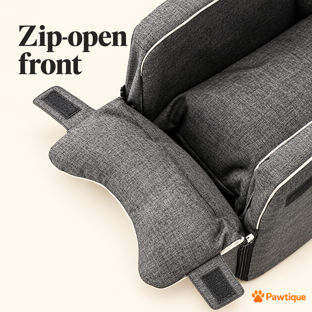 Gray CoPilot seat with the zip-open front lowered and hook-and-loop tabs visible