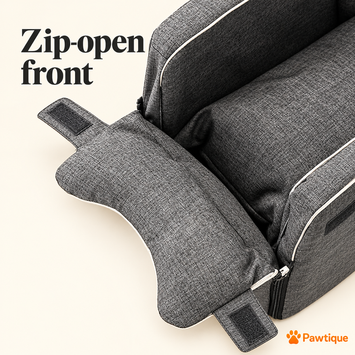 Gray CoPilot seat with the zip-open front lowered and hook-and-loop tabs visible