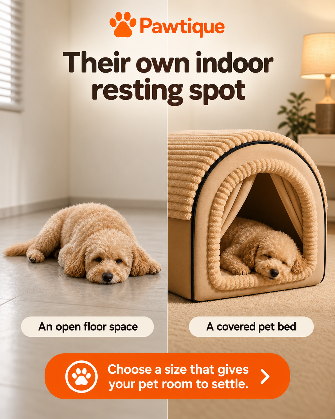 Open floor space and a covered Cozy Cottage pet bed shown without sleep or warmth guarantees