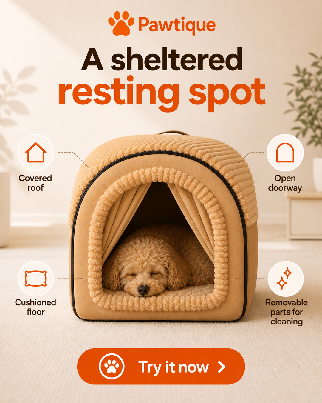 Cozy Cottage pet bed with covered roof, open doorway, cushioned floor and removable parts for cleaning
