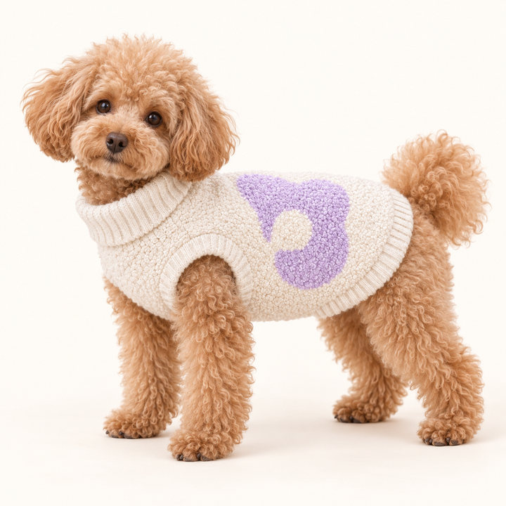 AI-styled dog model wearing Cloud Ivory CozySprout flower sweater.