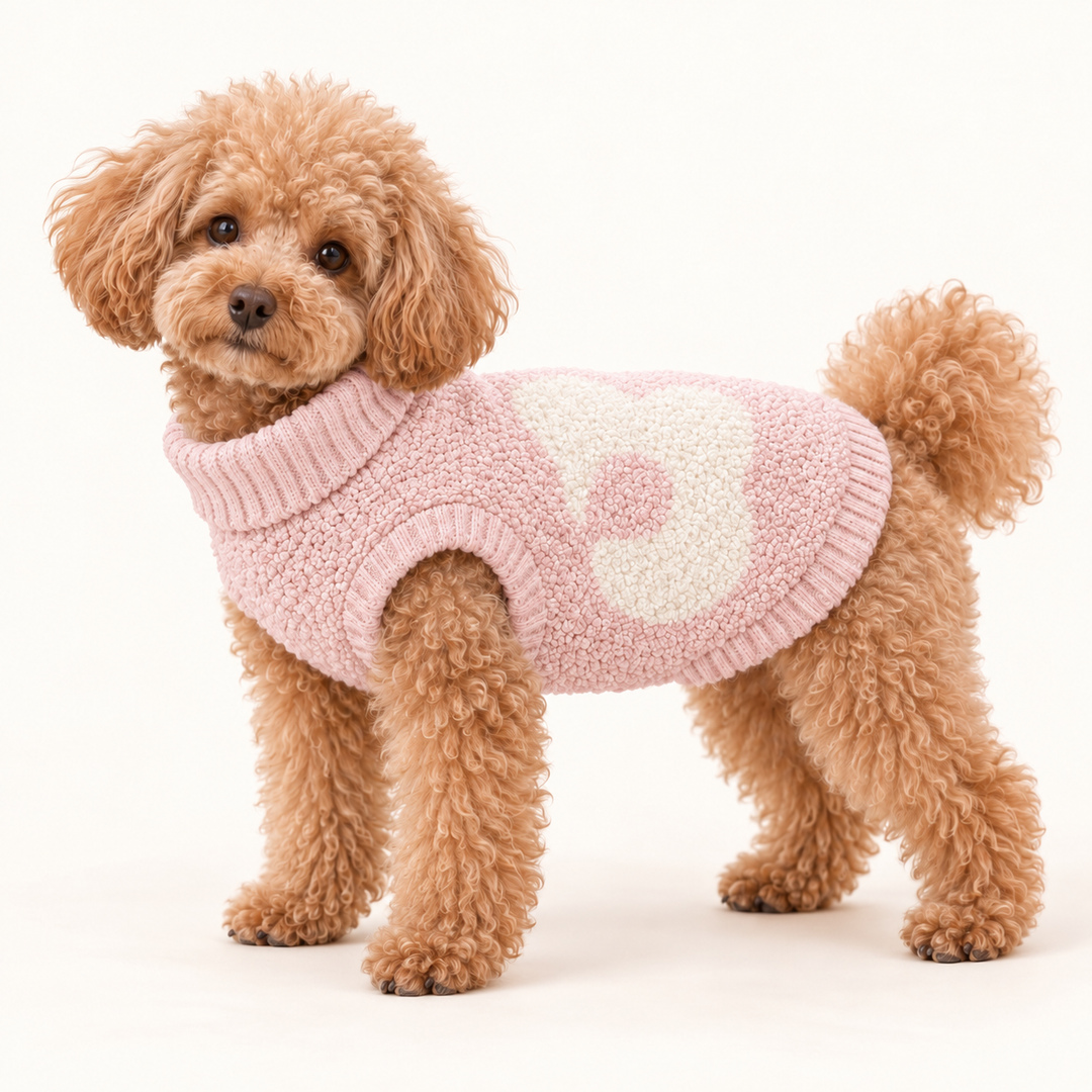 AI-styled dog model wearing Blush Pink CozySprout flower sweater.