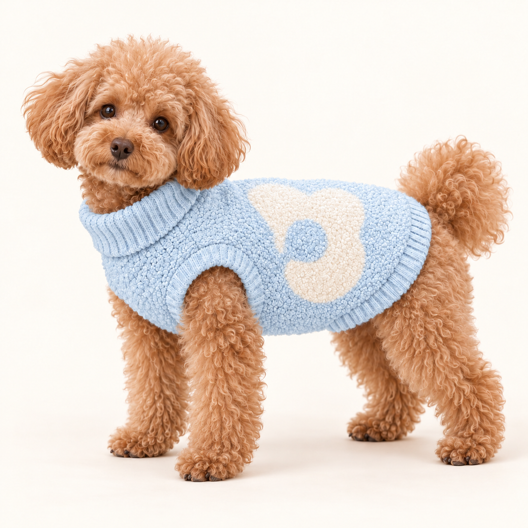 AI-styled dog model wearing Powder Blue CozySprout flower sweater.