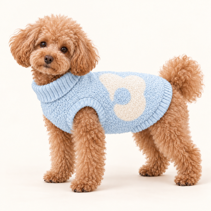 AI-styled dog model wearing Powder Blue CozySprout flower sweater.