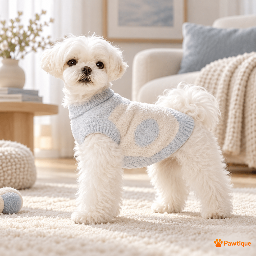 Dog wearing Powder Blue CozySprout sweater indoors.
