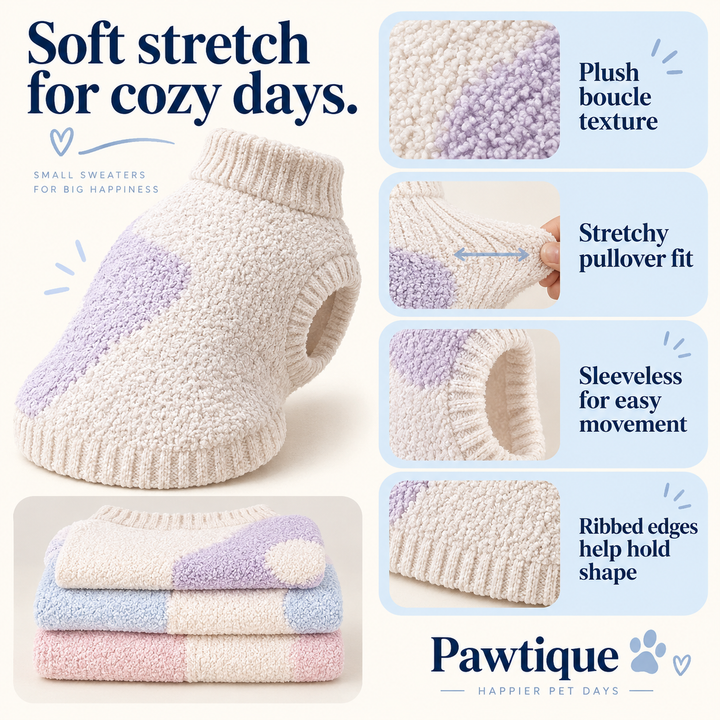 Pawtique CozySprout fuzzy dog sweater verified feature details