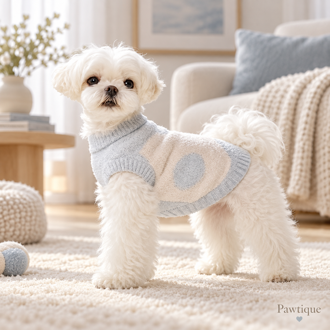 Small dog wearing the Pawtique CozySprout fuzzy sweater indoors