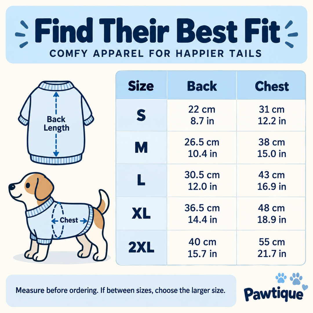 Pawtique CozySprout dog sweater size guide S through 2XL