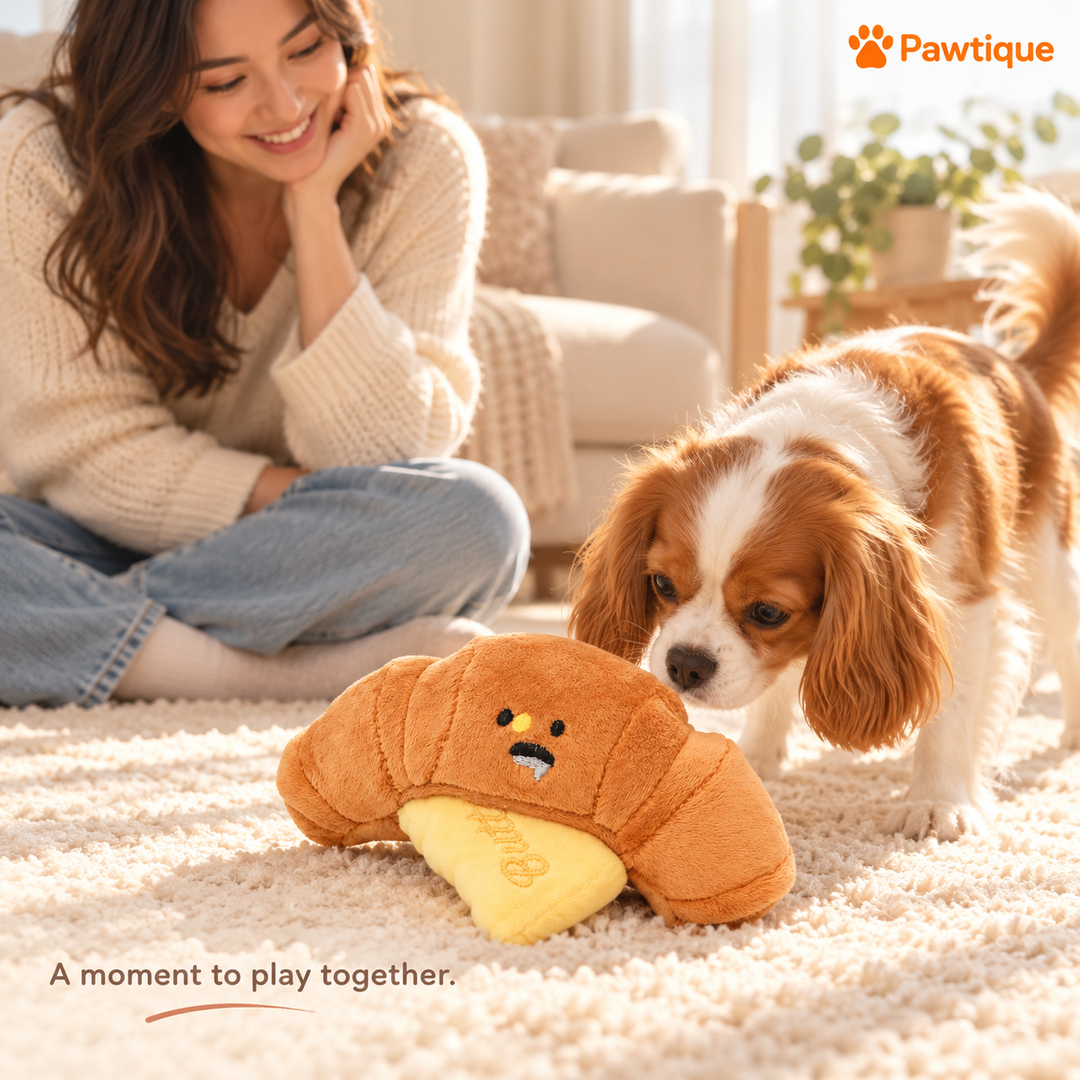 Owner supervising a dog exploring a ButterCroissant plush toy at home