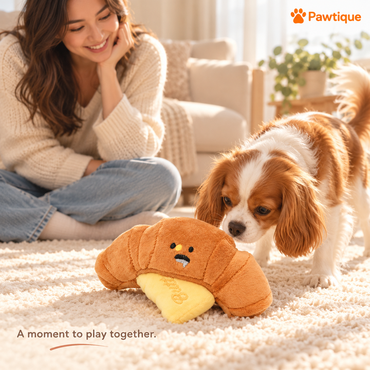 Owner supervising a dog exploring a ButterCroissant plush toy at home