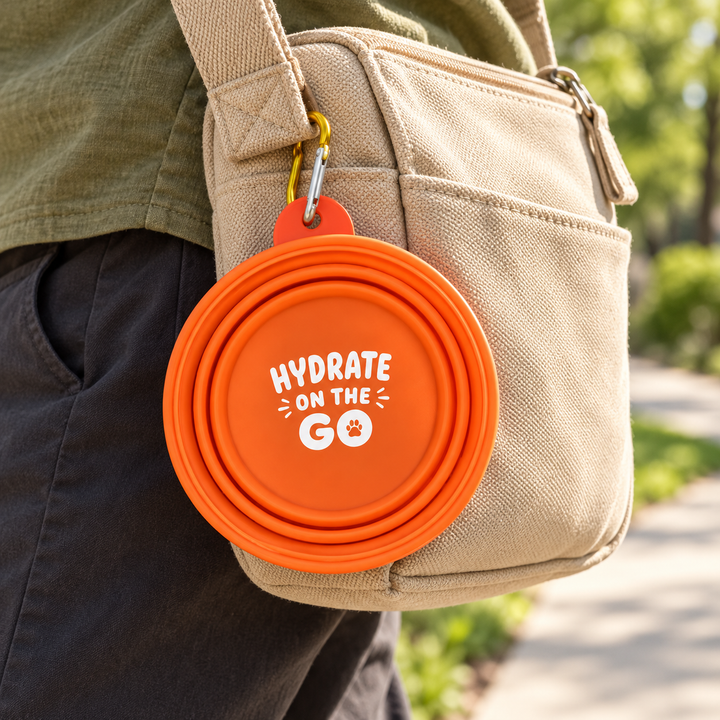 Folded orange Pawtique travel bowl clipped to a neutral walking bag