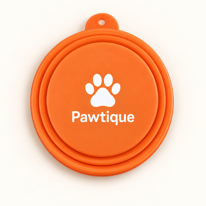 Folded orange Pawtique bowl showing the white paw and Pawtique print on the reverse