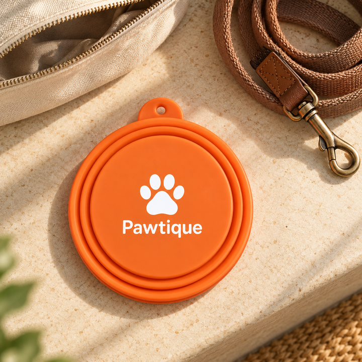 Folded orange travel bowl showing the white Pawtique reverse print beside a leash and pouch