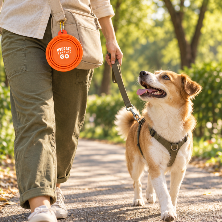 A dog and owner on a walk with the folded orange Pawtique bowl clipped to a walking bag
