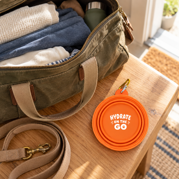 Orange folded Pawtique bowl and carry clip beside a packed weekend bag and leash