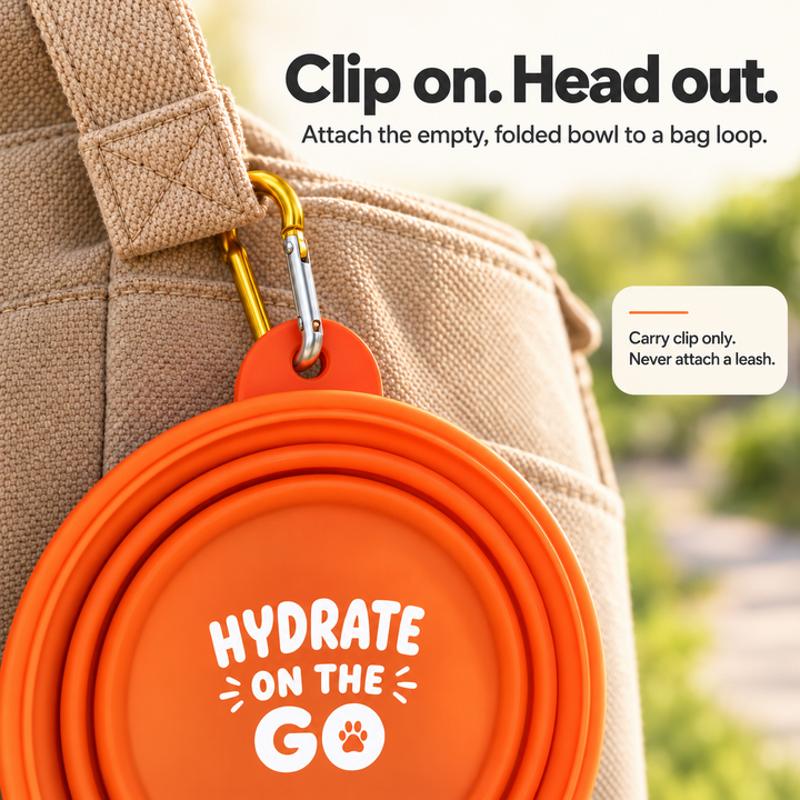 How the carry clip connects the empty folded bowl to a bag loop; never attach a leash