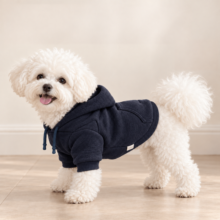 AI simulated Dark Blue Daylight Dog Hoodie on a dog against a cream background