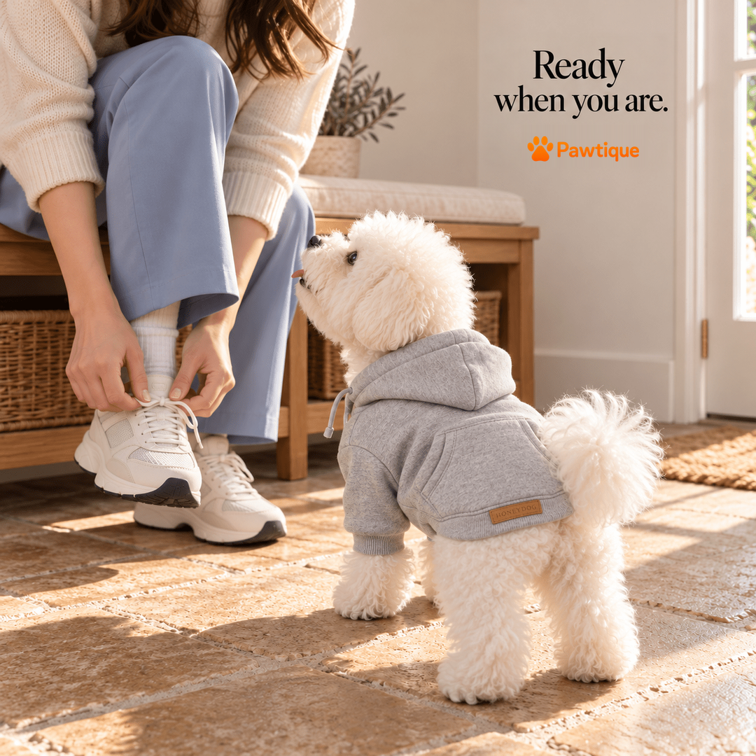 Dog wearing the Gray Daylight Dog Hoodie beside its owner preparing to go out