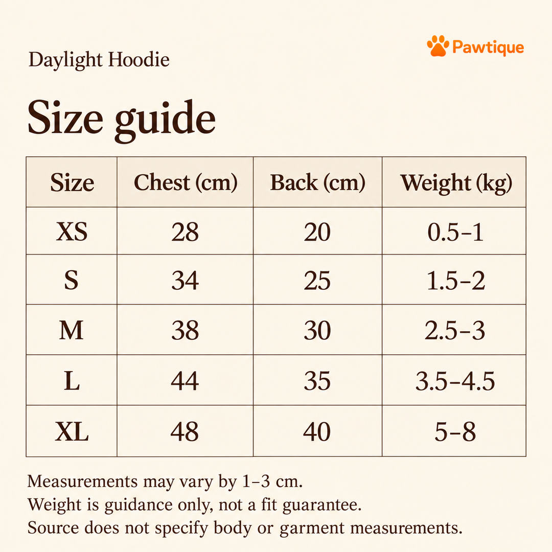 Daylight Dog Hoodie size guide using current product measurements in cm and weight guidance in kg
