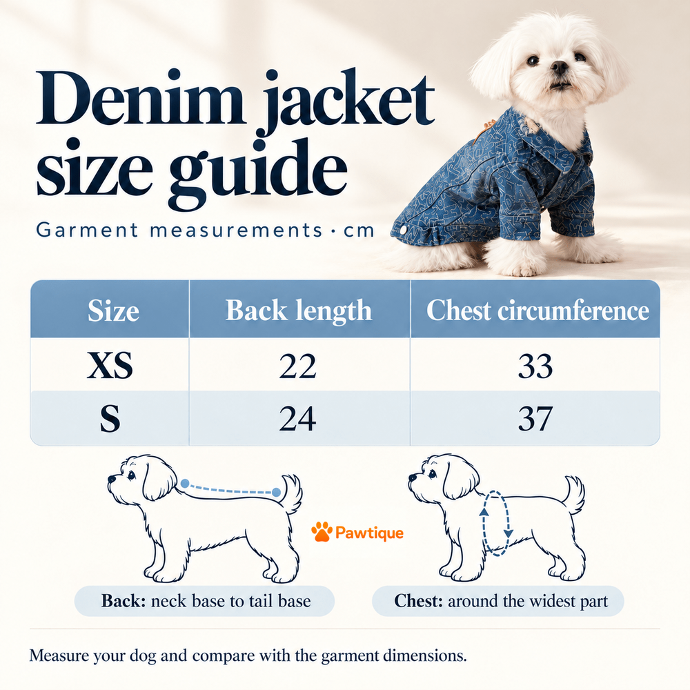 Distressed denim dog jacket size guide: XS back 22 cm chest 33 cm, S back 24 cm chest 37 cm