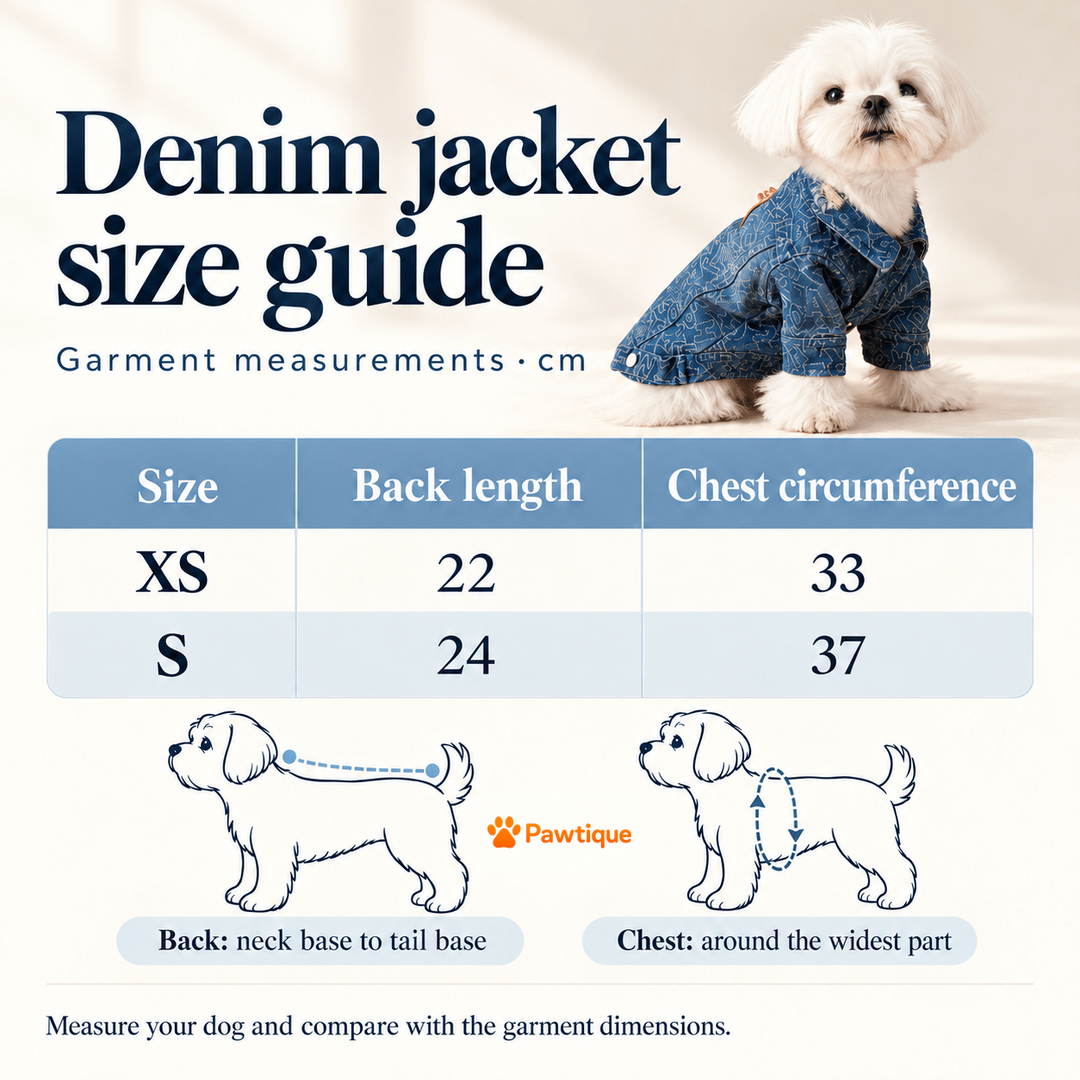 Distressed denim dog jacket size guide: XS back 22 cm chest 33 cm, S back 24 cm chest 37 cm