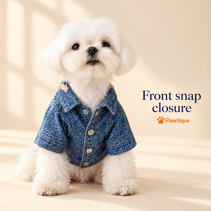 Front snap closure on denim dog jacket