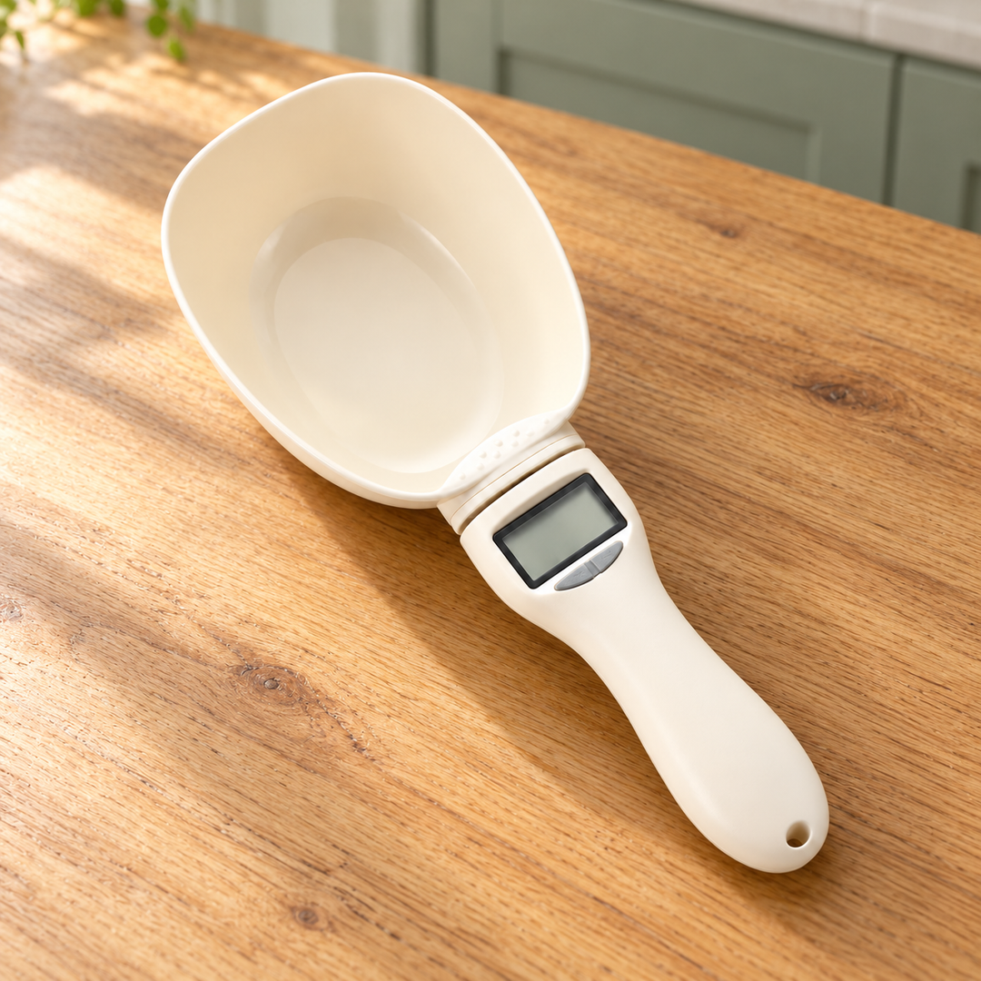 Digital pet food measuring scoop with a blank display resting on a wooden kitchen counter.