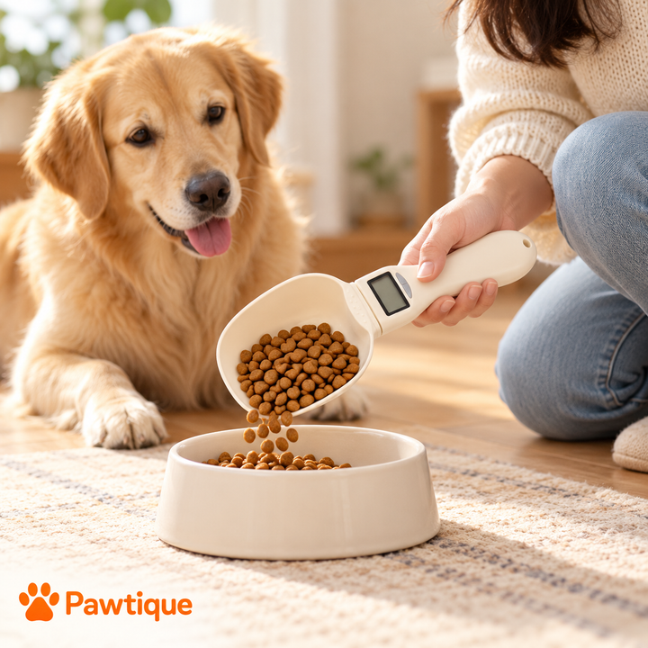 Owner pouring dry kibble from the ivory digital measuring scoop into a dog bowl