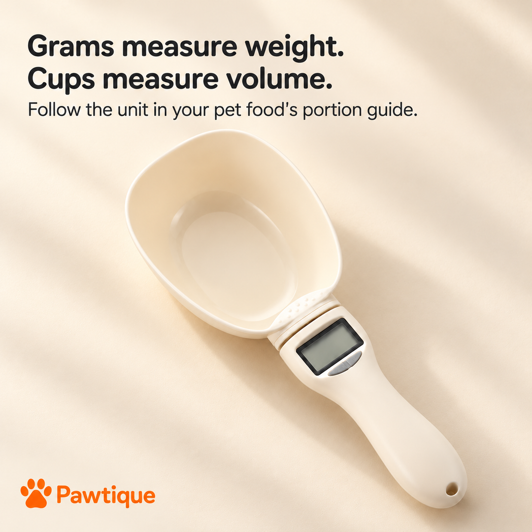 Digital scoop with guidance explaining that grams measure weight and cups measure volume