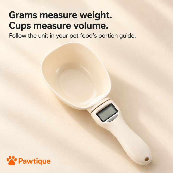 Digital scoop with guidance explaining that grams measure weight and cups measure volume
