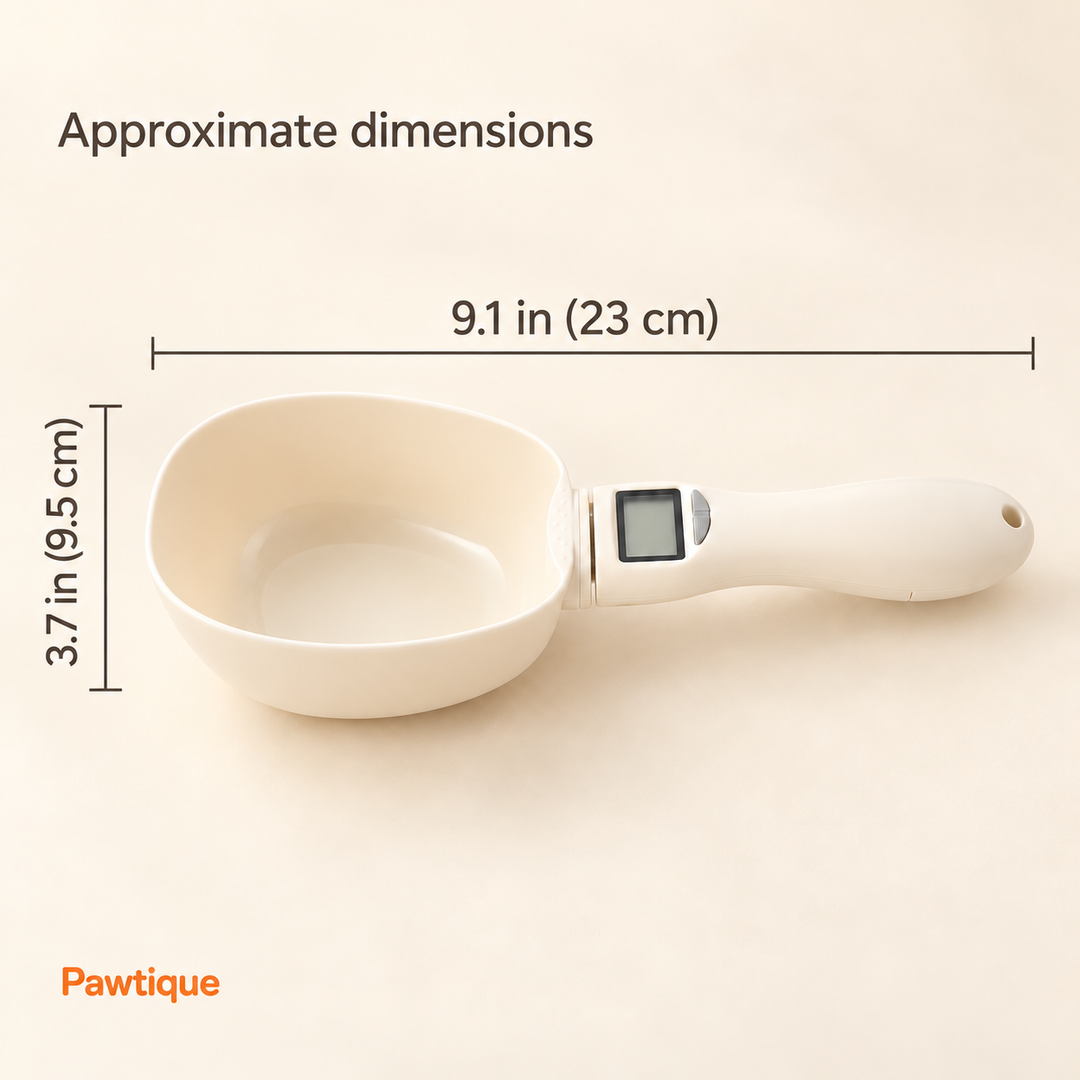 Digital food measuring scoop approximate dimensions: 9.1 inches long by 3.7 inches wide, equivalent to 23 by 9.5 centimeters.