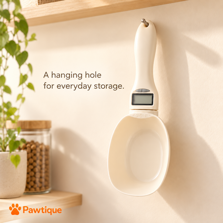 Ivory digital scoop hanging by its handle hole for storage