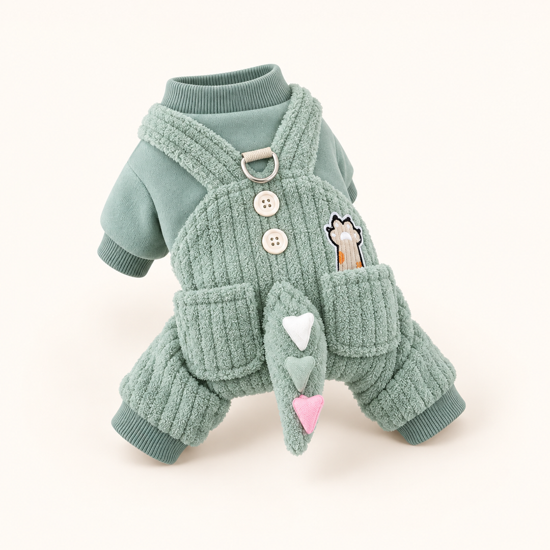 Pawtique DinoTail plush dog jumpsuit in sage green