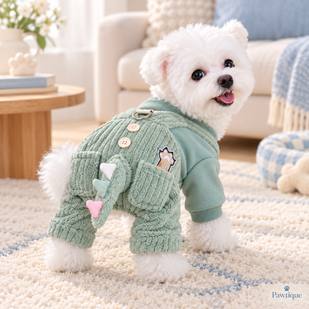 Small white dog wearing a sage green dinosaur jumpsuit at home