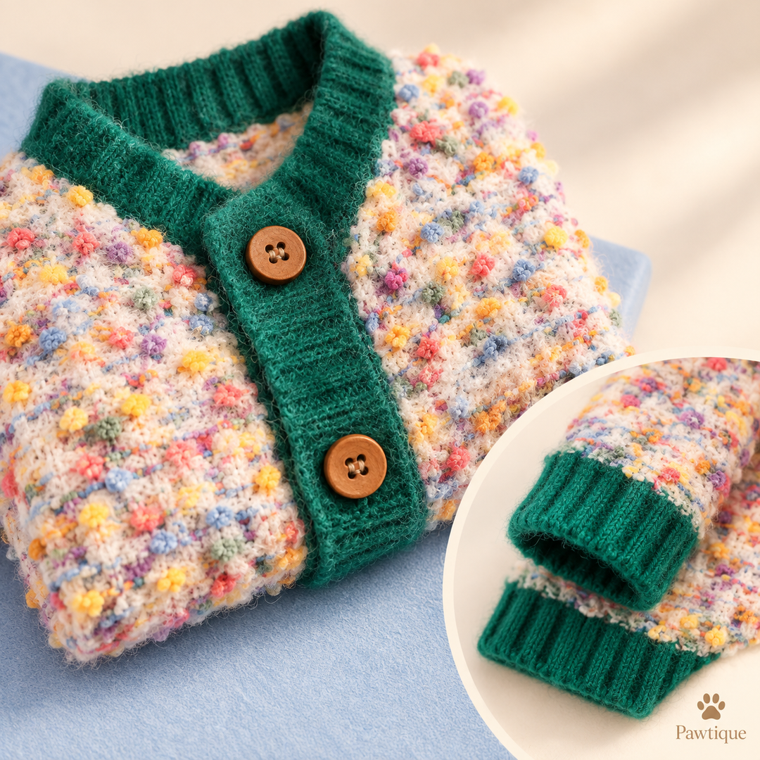 Confetti bouclé knit, green ribbing and wood button details