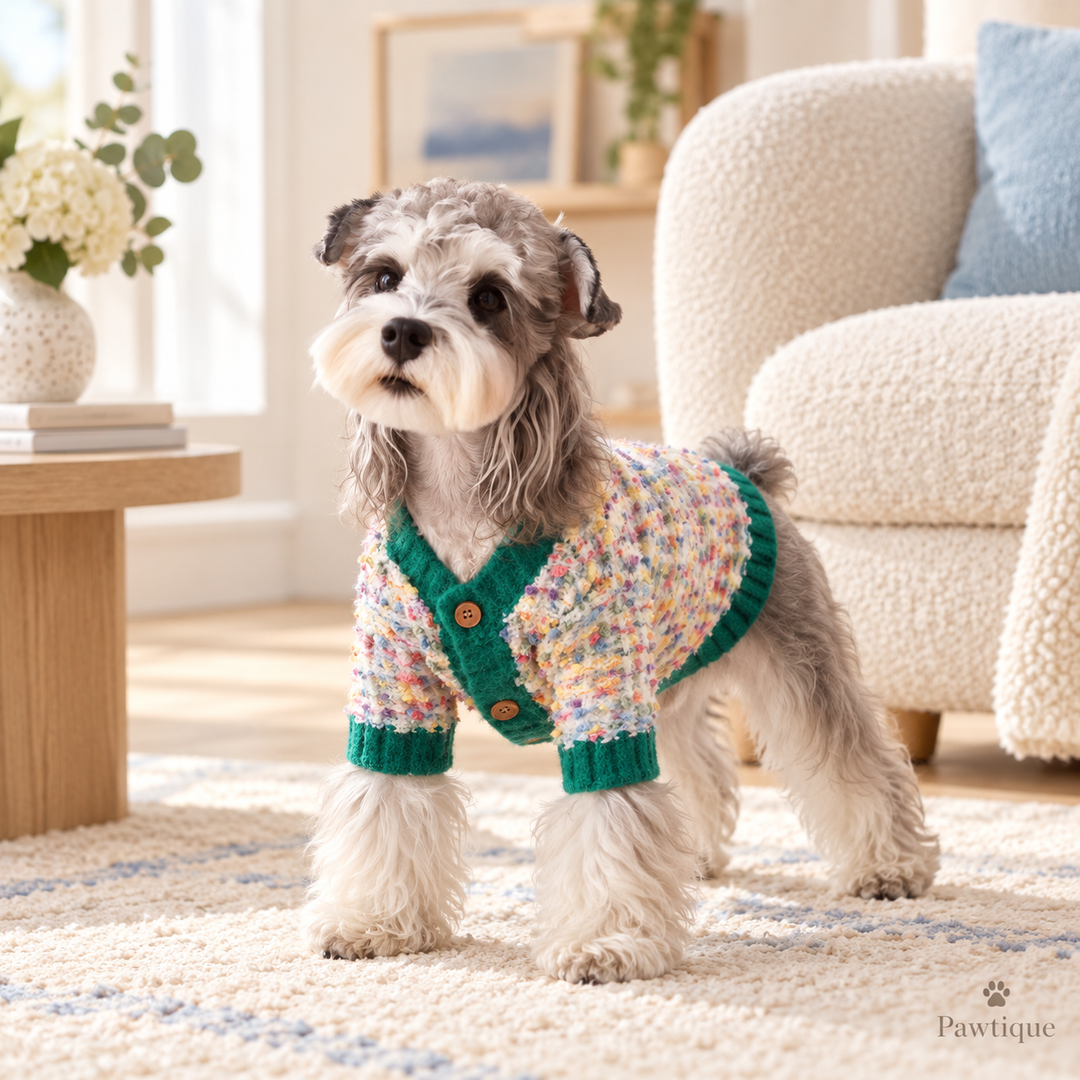 Small dog wearing Pawtique ConfettiKnit cardigan indoors